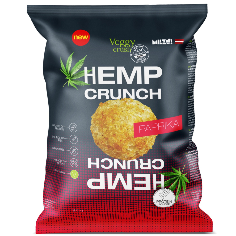 Snack proteic bio cu paprika Hemp Crunch, 100 g, Veggy Crush