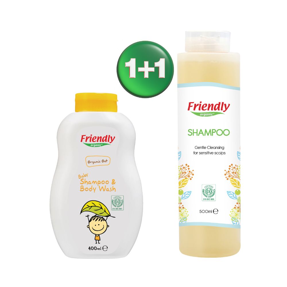 Pachet Sampon si gel de dus cu ovaz pentru bebe 400 ml + Sampon adulti 500 ml, Friendly Organic