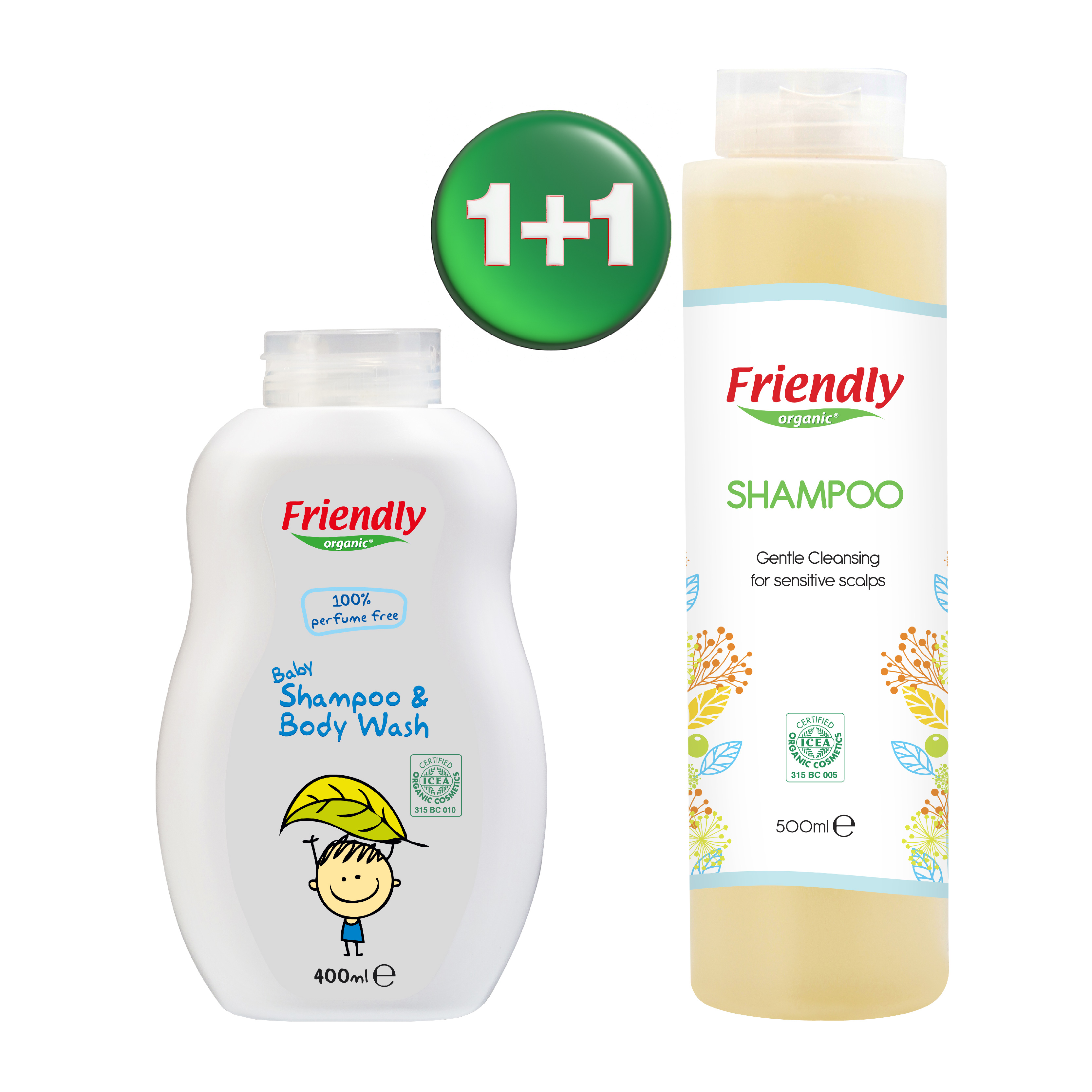 Pachet Sampon fara parfum pentru bebe  400 ml + Sampon pentru adulti 500 ml, Friendly Organic