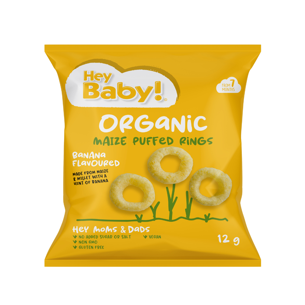 Pufuleti Bio inele cu aroma de banane Organic Puff, 7 luni+, 12 g, Hey Baby