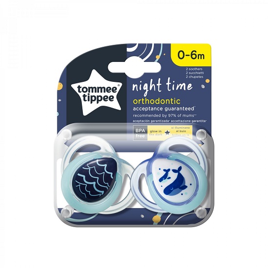 Suzete ortodontice de noapte cu model balenute, 0-6 luni, Tommee Tippee