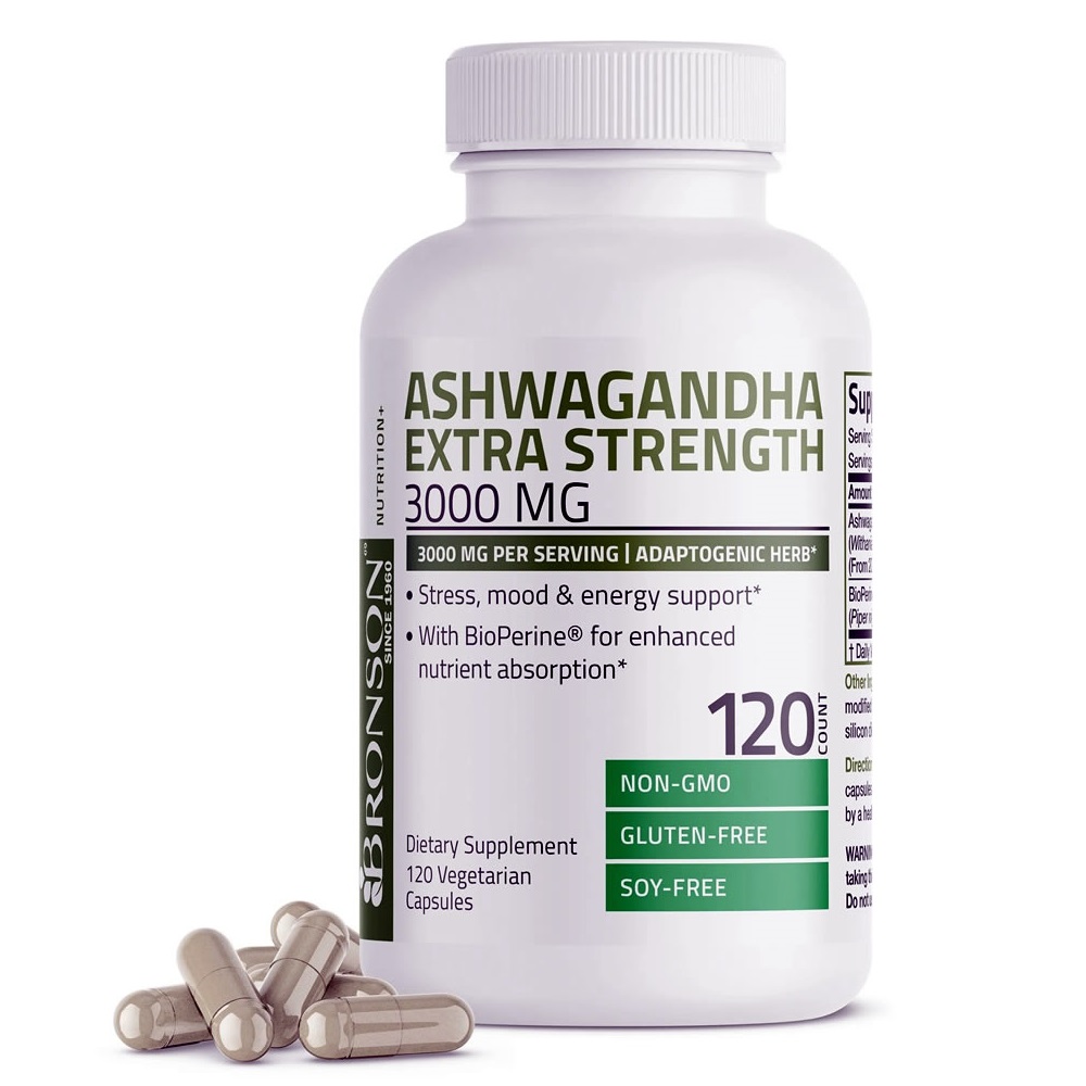 Ashwagandha 3000 mg cu Bioperina, 120 cpasule, Bronson