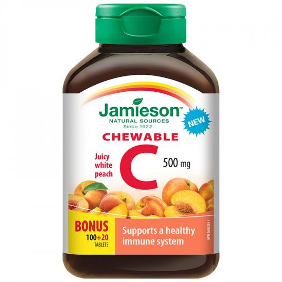 Vitamina C 500 mg aroma de piersici, 120 comprimate masticabile, Jamieson   