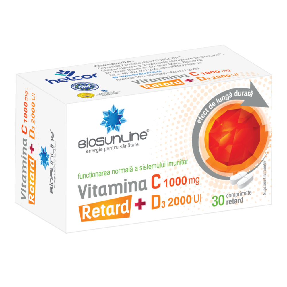Vitamina C 1000 mg + D3 2000 UI Retard, 30 comprimate, BioSunLine