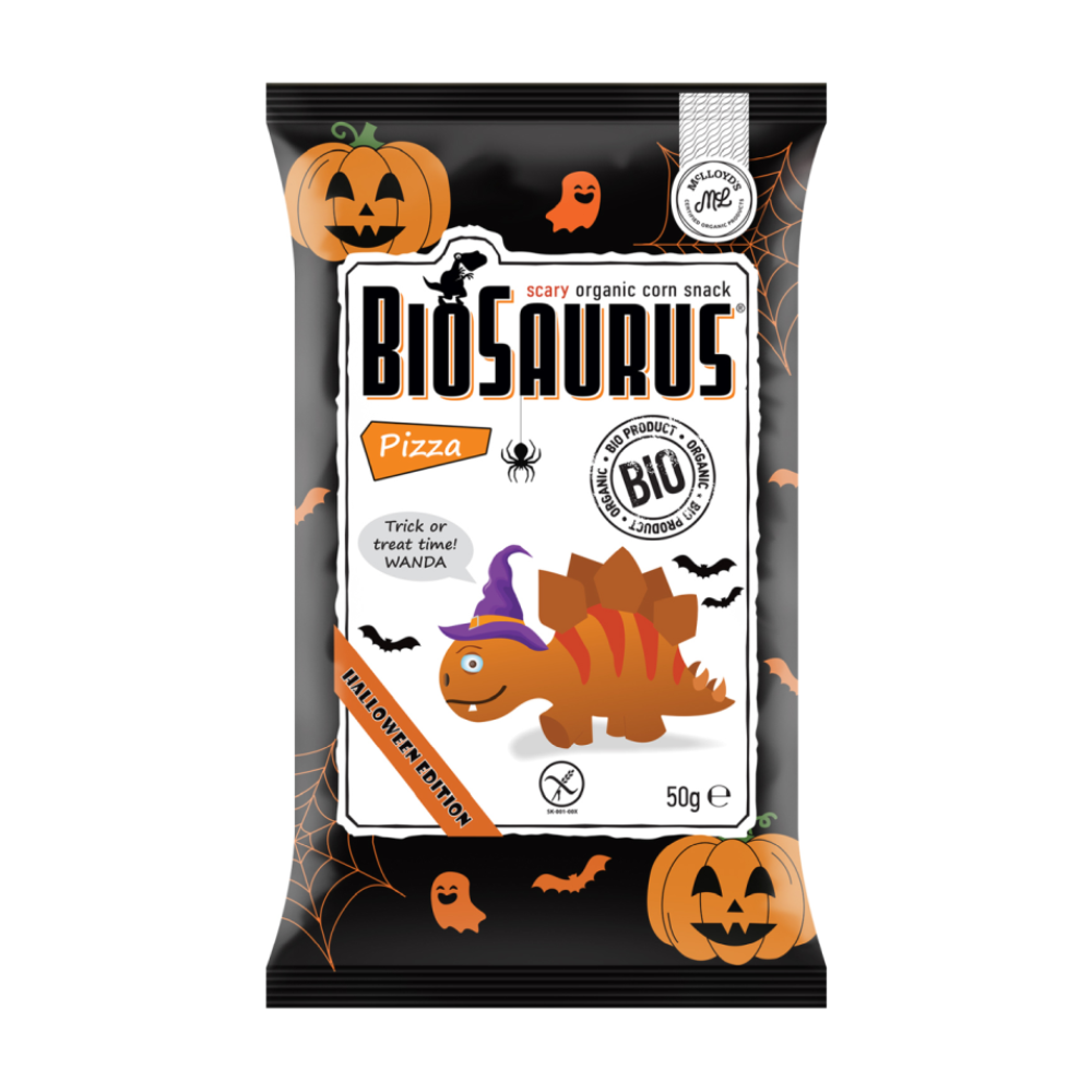 Snacksuri Bio cu aroma de pizza Biosaurus Halloween Edition, 50 g, Mc Lloyds