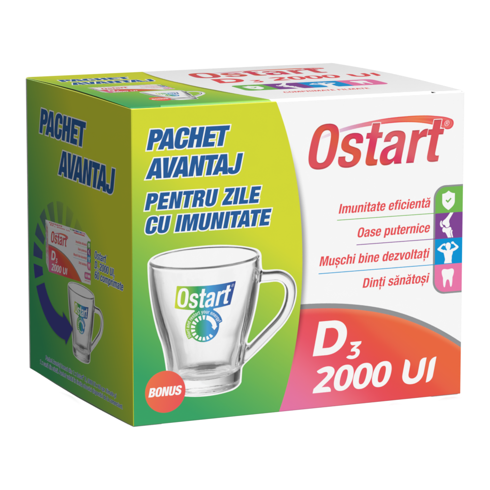 Pachet Ostart D3 2000UI, 60 comprimate + Cana, Fiterman Pharma