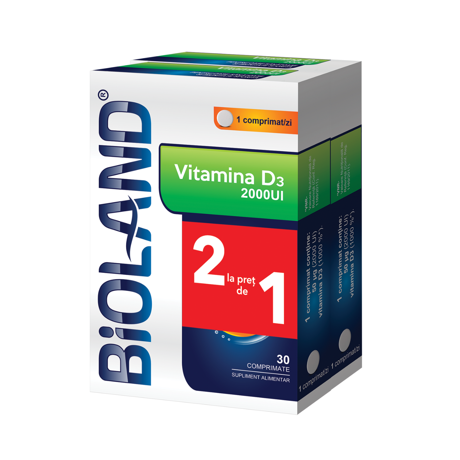 Pachet Vitamina D3 2000UI, 30 + 30 comprimate, Bioland