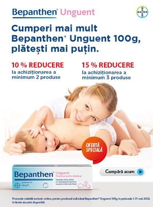 Promotie cu 10% reducere la 2 produse Bepanthen sau 15% reducere la 3 produse Bepanthen unguent