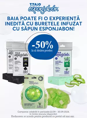 Promotie cu 50% reducere la al doilea produs cumparat Esponjabon