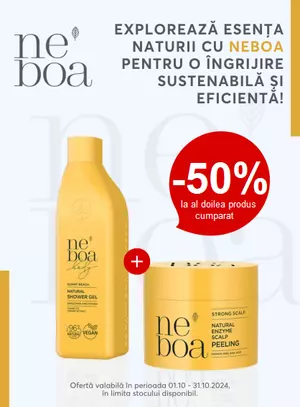 Promotie cu 50% reducere la al doilea produs cumparat Neboa