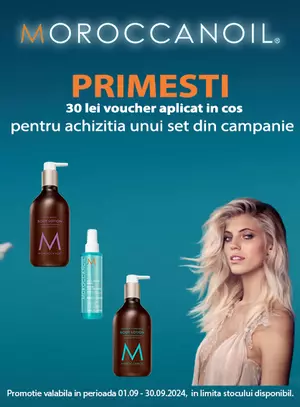 Promotie cu voucher valoric aplicat in cos 30 lei la Moroccanoil