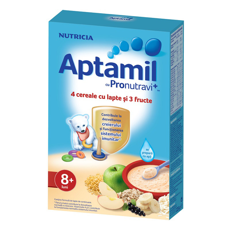 4 Cereale cu lapte si 3 Fructe Aptamil cu Pronutravi+, +8 luni, 225 g, Nutricia