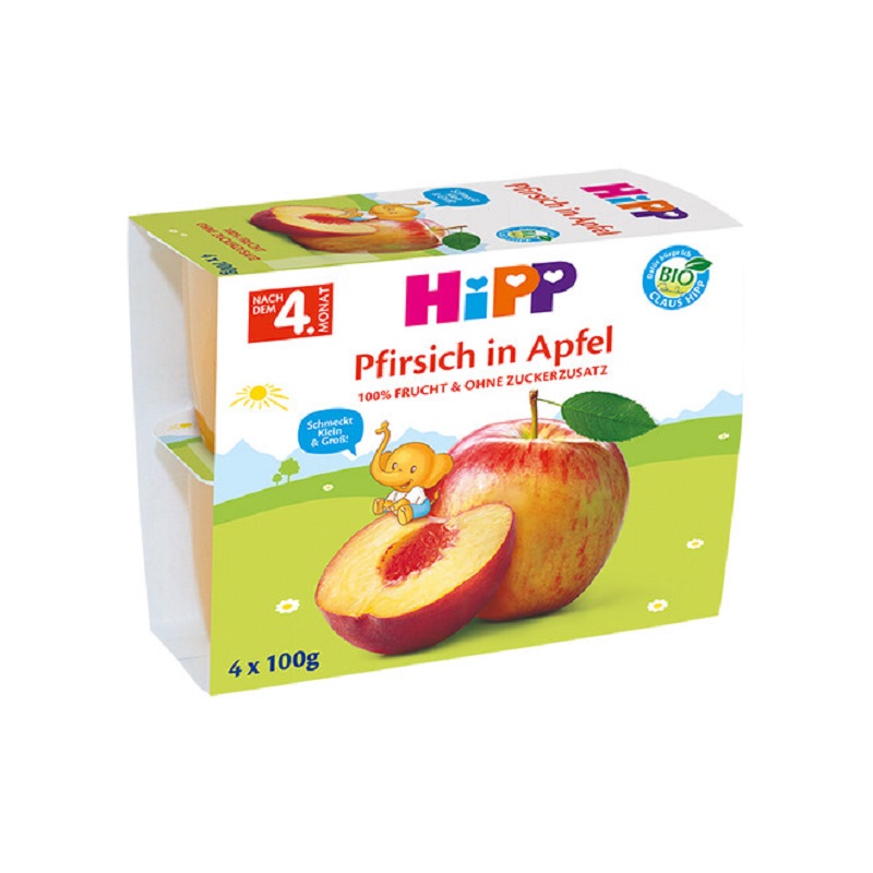 Gustare cu mere si piersici +4 luni, 4 x 100g, Hipp
