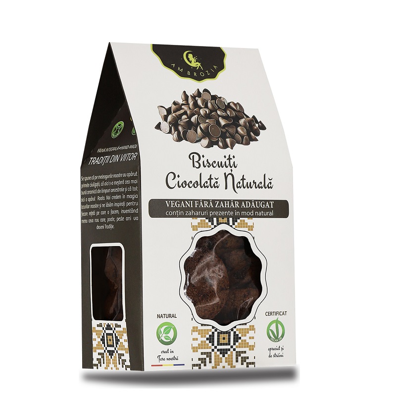 Biscuiti vegani cu ciocolata naturala fara zahar, 130g, Hiper Ambrozia