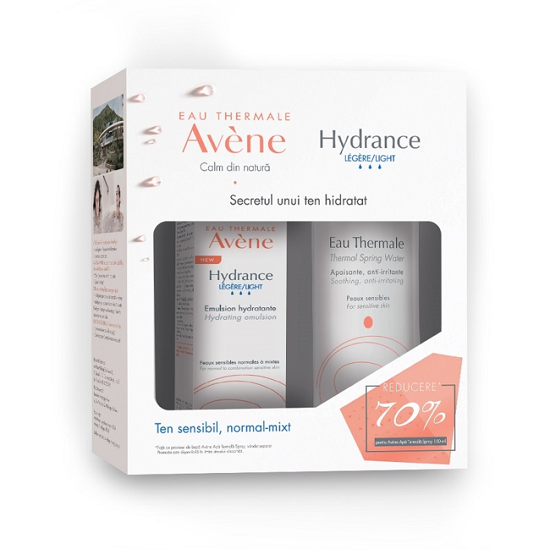 Oferta Pachet Emulsie pentru piele sensibila Avene Hydrance Legere, 40 ml + Apa termala spray Avene, 150 ml, Pierre Fabre