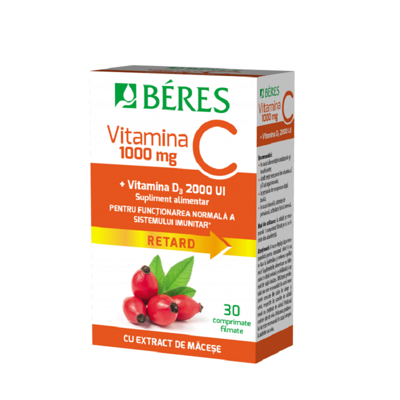 Vitamina C 1000 mg comprimat filmat Retard + Vitamina D3 2000 UI, 30 comprimate, Beres
