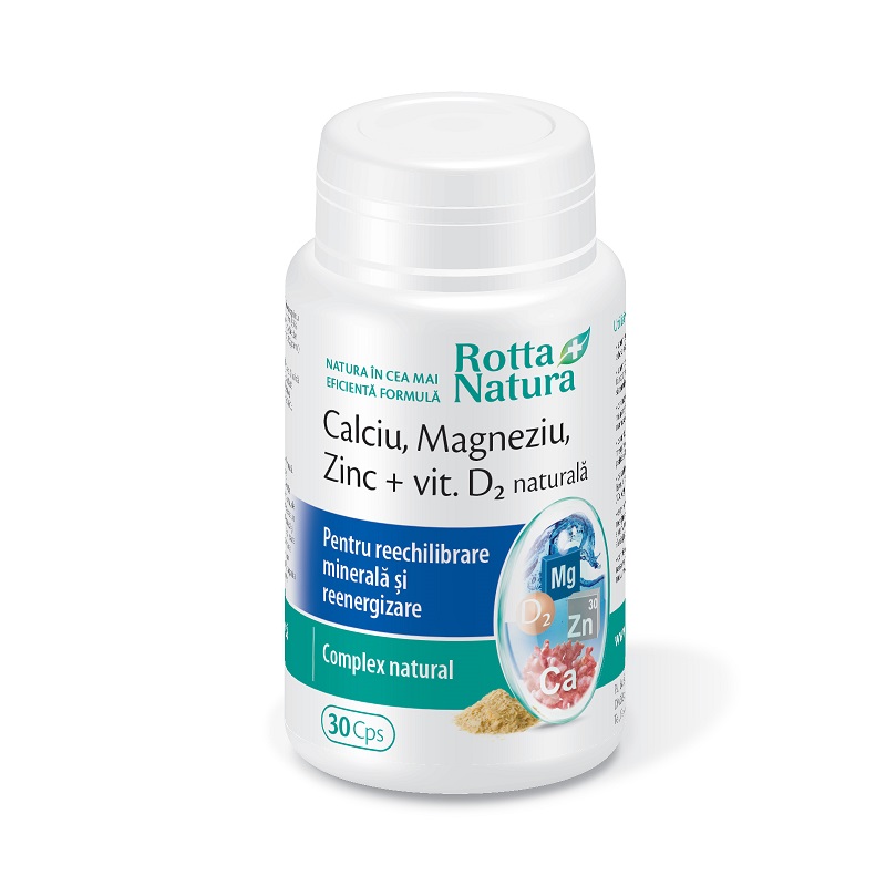 Calciu, Magneziu, Zinc si Vitamina D2, 30 capsule, Rotta Natura