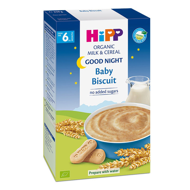 Lapte si cereale Bio cu biscuitul copilului Noapte Buna, +6 luni, 250 g, Hipp
