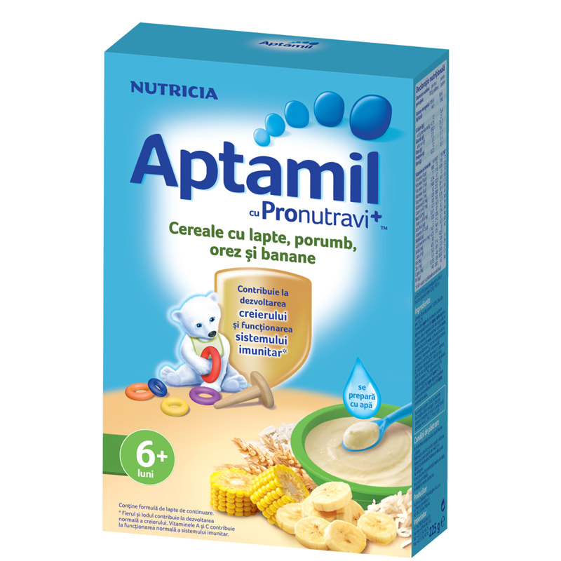 Cereale cu lapte, porumb, orez si banane Aptamil cu Pronutravi+, +6 luni, 225 g, Nutricia