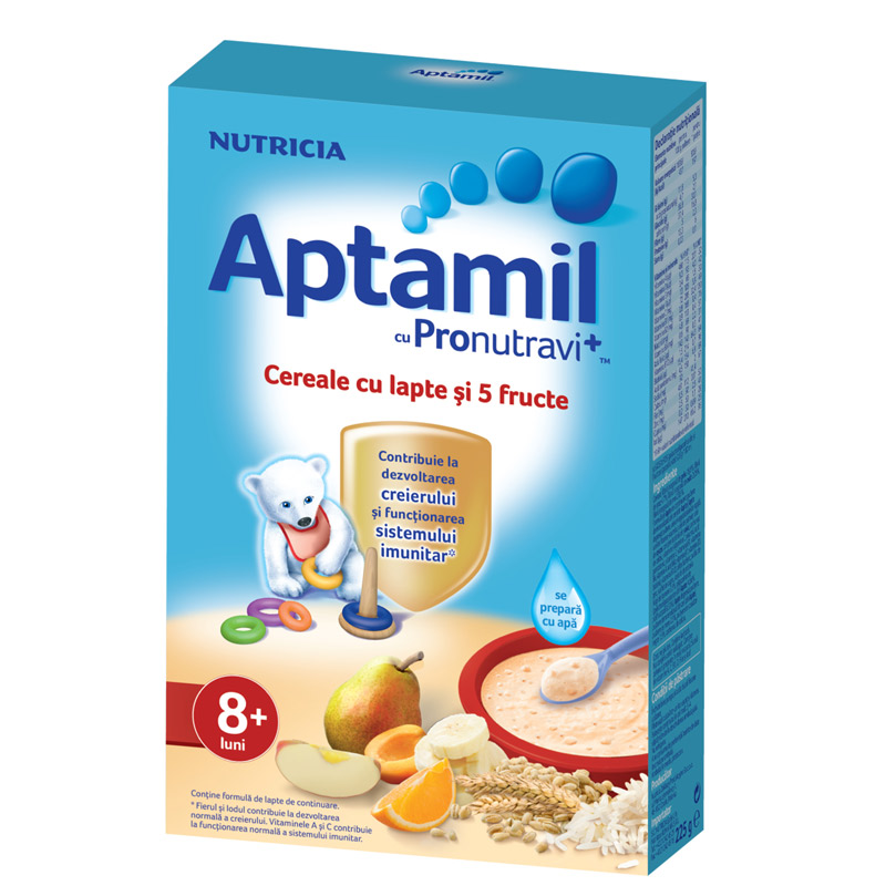 Cereale cu lapte si 5 fructe Aptamil cu Pronutravi+, +8 luni, 225 g, Nutricia