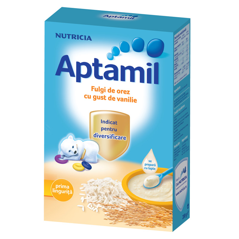 Cereale fulgi de orez cu gust de vanilie Aptamil, + 4 luni, 200 g, Nutricia