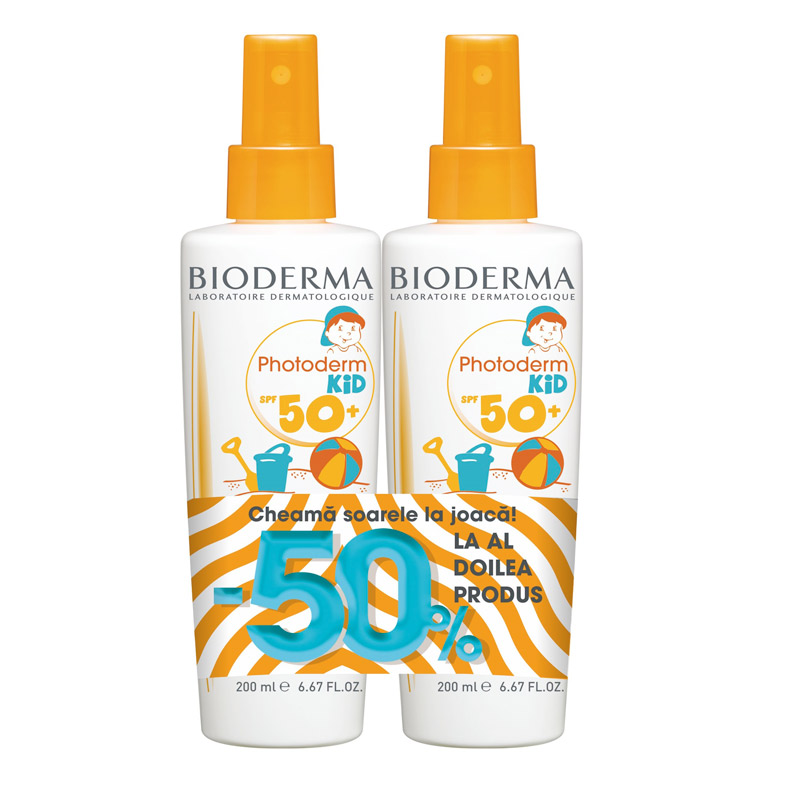 Oferta Pachet Spray pentru protectie solara pentru copii Photoderm KID SPF 50+, 2x200 ml, Bioderma