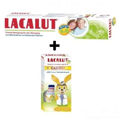 Pasta de dinti Lacalut Kids 4-8 ani, 50 ml + Apa de gura Lacalut Kids Plaque Test, 50 ml, Theiss Naturwaren