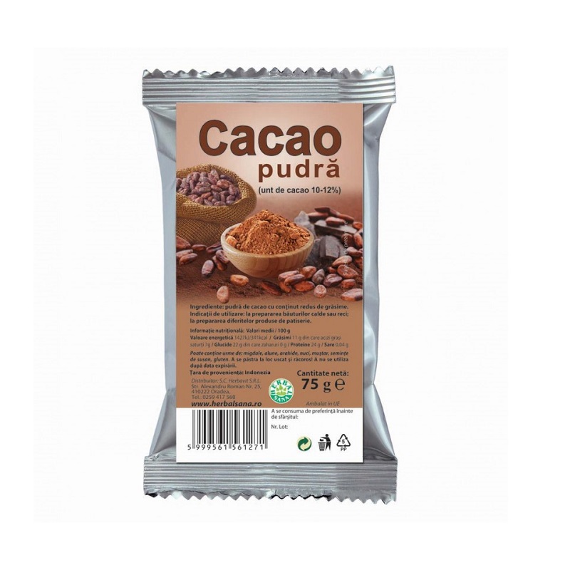 Cacao pudra 10-12%, 75 gr, Herbal Sana