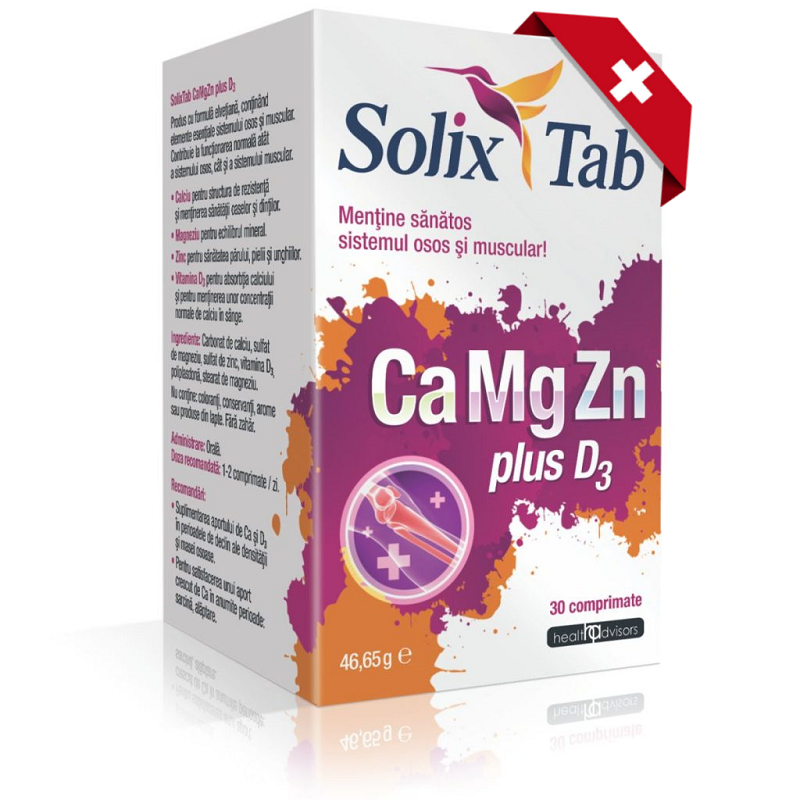 Calciu magneziu zinc si D3, 30 comprimate, Solix