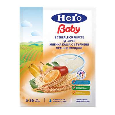 8 Cereale cu fructe si lapte, 6-36 luni, 50 g, Hero Bay
