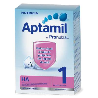 Formula de lapte hipoalergenica, Aptamil HA1 cu Pronutra+, 0-6 luni, 600 g, Nutricia