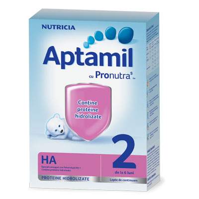 Formula de lapte hipoalergenica, Aptamil HA2 cu Pronutra S, +6 luni, 600 g, Nutricia