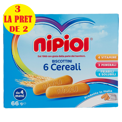 Biscuiti cu 6 cereale, +4 luni, 3x 66 g, Nipiol