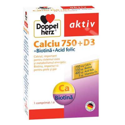 Calciu 750mg D3, Biotina si Acid Folic Doppelherz, 30 tablete, Queisser Pharma