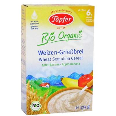 Cereale cu gris de grau, mere si banane Bio Organic, Gr.  6 luni, 175 g, Topfer