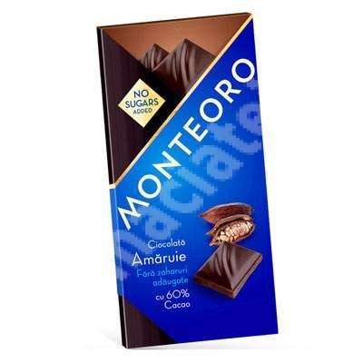 Ciocolata amaruie cu cacao fara zahar, 90 g, Monteoro