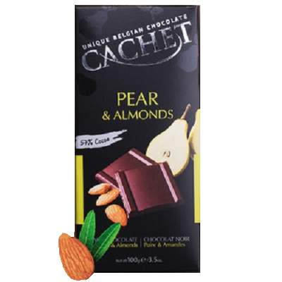 Ciocolata neagra cu 57% cacao, pere si migdale, 100g, Cachet