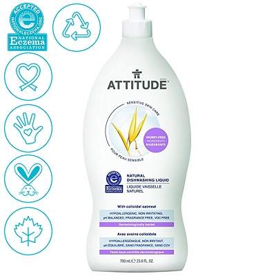 Detergent lichid pentru vase fara miros - Sensitive Skin, 700ml, Attitude