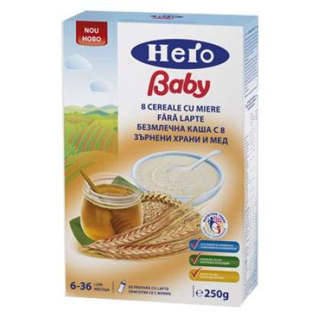 8 Cereale cu miere fara lapte, 6-36 luni, 250 g, Hero Baby