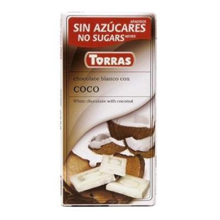 Ciocolata alba cu cocos fara zahar, 75 g, Torras