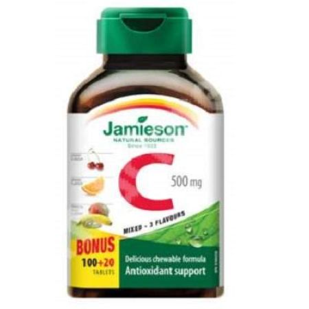 Vitamina C 500mg cu mix de 3 arome, 100+20 tablete masticabile, Jamieson
