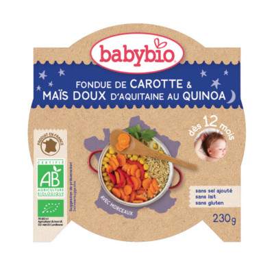 Meniu cu fondue de morcov, porumb dulce si quinoa, Gr. 12 luni, 230 g, Babybio