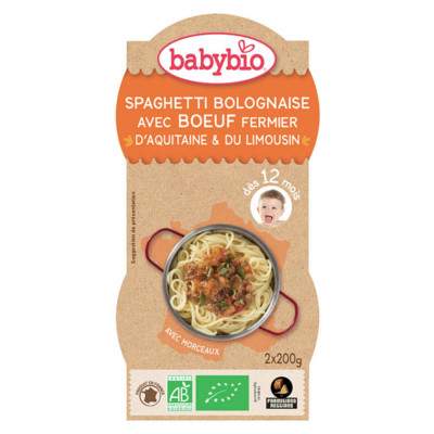 Meniu cu spaghete Bologneze cu carne de vita, Gr. 12 luni, 2x200 g, Babybio