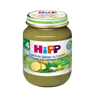 Piure Bio crema de spanac cu cartofi, Gr. 4 luni, 125 g, Hipp