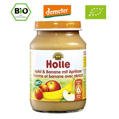 Piure Bio din mere, banane si caise, Gr. 6 luni, 190 g, Holle Baby Food