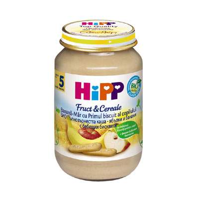 Piure Bio Fructe&Cereale mar, banana si biscuit, Gr. 5 luni, 190 g, Hipp