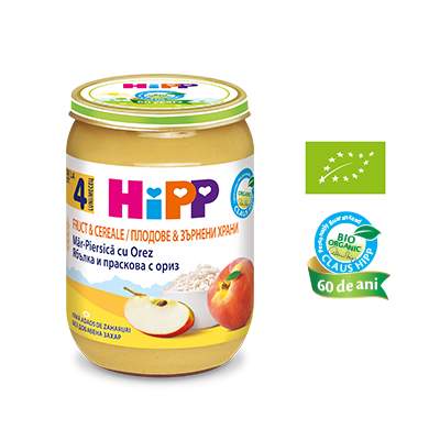 Piure Bio Fructe&Cereale piersica, mar si orez integral, Gr. 4 luni, 190 g, Hipp