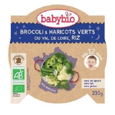Piure Meniu Bio din brocoli, fasole verde si orez, +12 luni, 230 g, BabyBio