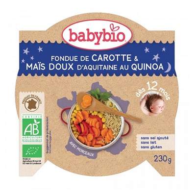 Piure Bio Meniu din morcov, porumb dulce si quinoa, +12luni, 230g, BabyBio
