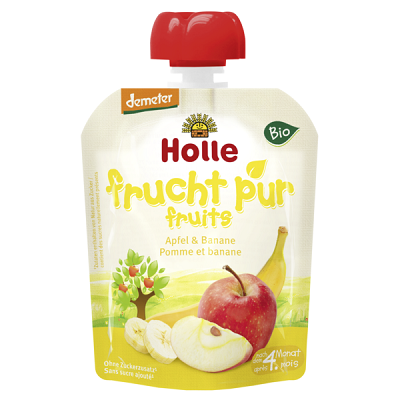 Piure Eco Pouch din mere si banane, +4 luni, 90g, Holle Baby Food